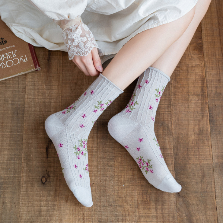 Ponožky Kawaii Korejský styl jarní květinová Sladká dívka Ladies Flower Cute Korean Womens Cotton Socks