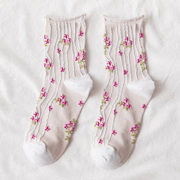 Ponožky Kawaii Korejský styl jarní květinová Sladká dívka Ladies Flower Cute Korean Womens Cotton Socks